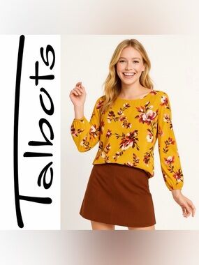 Talbots Mustard Yellow Long Sleeve Floral Blouse, Medium Petite, EUC